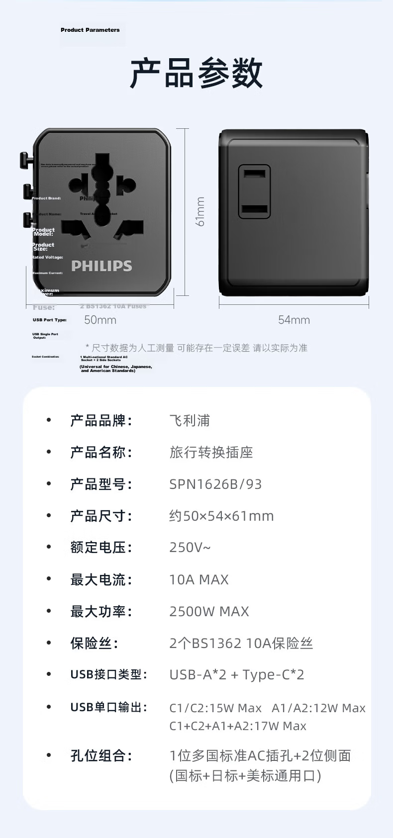 PHILIPS 17W International Travel Adapter Plug Converter Socket with USB Dual Outlet 2A 2C for UK Europe US Australia Germany Japan Singapore Hong Kong White 14