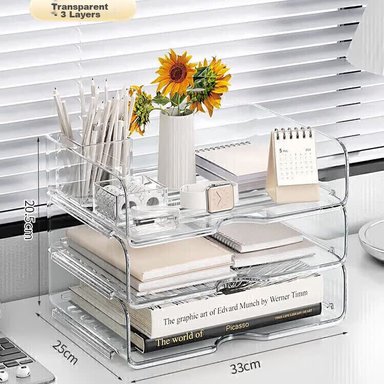 Hakkai Bird Desktop File Organizer Acrylic Thickened High Transparency Three-Layer Storage Rack for Books and Office Desk