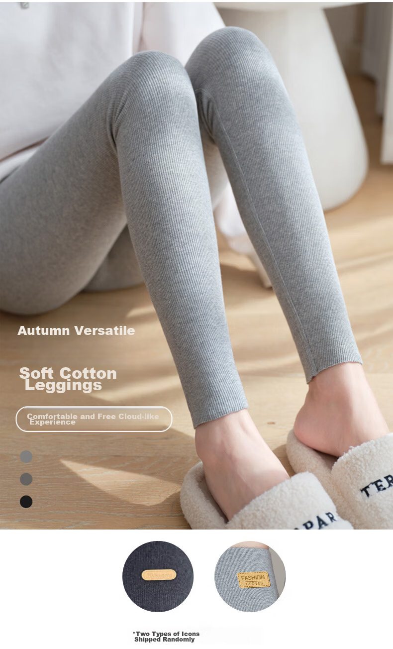 LangSha Women's Cotton High-Waist Thermal Fleece-Lined Ribbed Leggings, Solid Color, Thin Gray Tights for Spring and Autumn 2