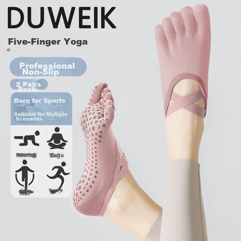 Duweike Non-Slip Yoga Socks Pilates Five-Toe Socks Women's Indoor Floor Sports Dance Socks with Straps Pink 2 Pairs Set