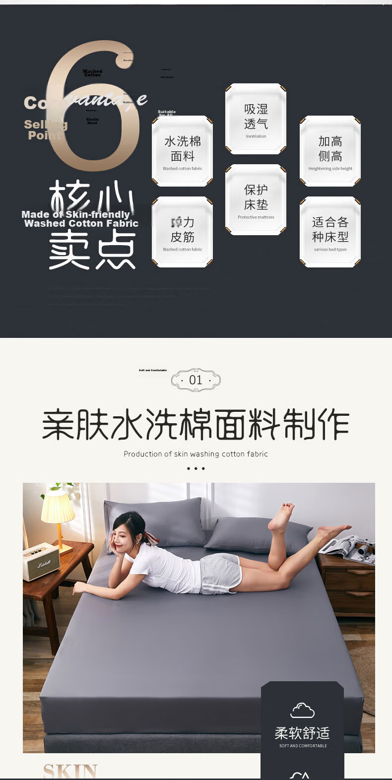 Aiwei A-Class Washed Cotton Fitted Sheet Single Double Non-Slip Dustproof Mattress Protector for 1.5m Bed Dark Gray 2