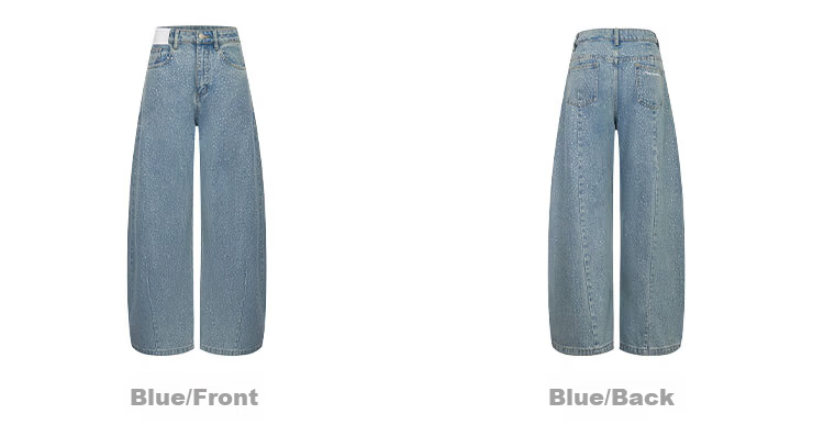 ANN ANDELMAN Starry Rhinestone Embellished Loose Straight-Leg Floor-Length Curved Hem Jeans Blue M (Ni Ni Style) 11
