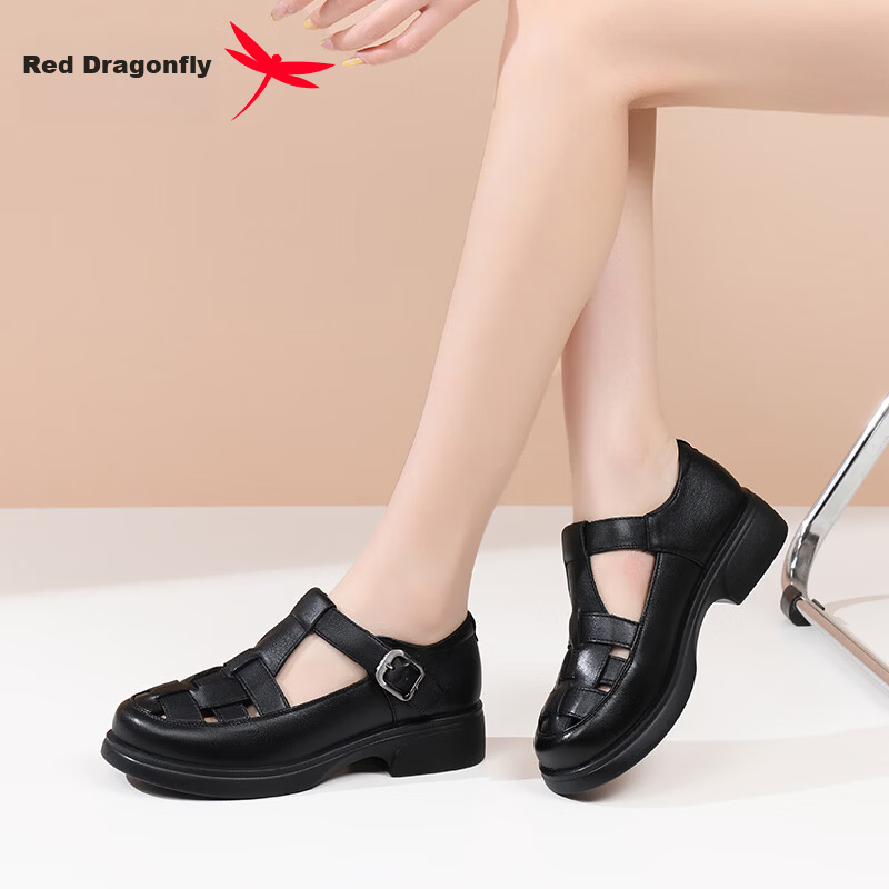 Red Dragonfly Women's Roman Sandals Summer Cowhide Closed-Toe Hollow Mary Jane Soft Sole Shoes WTB267381 Black Size 35