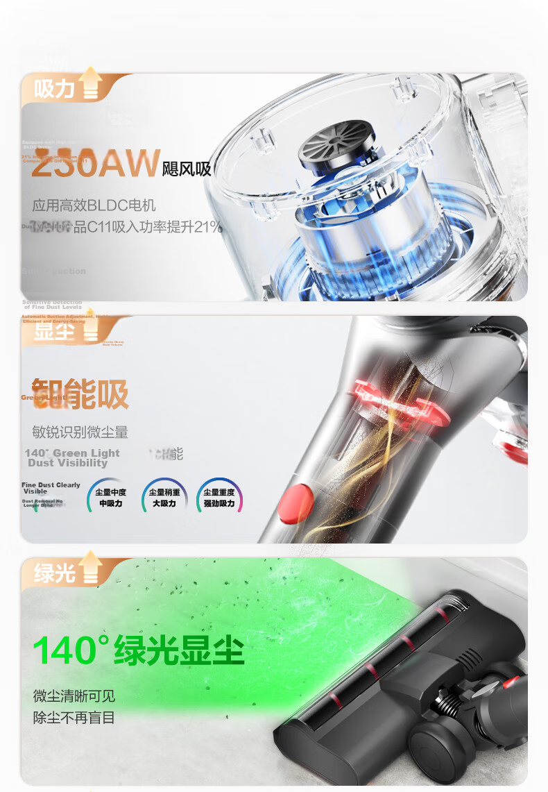 SUPOR Vacuum Cleaner, Powerful Suction for Home Use, Cordless Handheld Lightweight Design with Green Light Dust Indicator, High-Power Vacuum Machine for Carpets And Pet Hair Removal, Cat Lint Roller C70-L Holiday Gift 2
