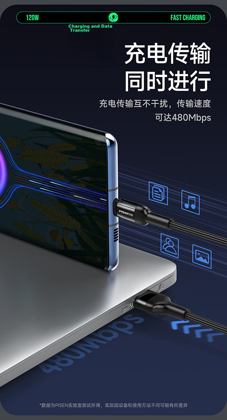 Pisen Dual-Head Type-C 120W Data Cable Compatible with Xiaomi 90W Charging Cable PD Fast Charge 100W for Apple iPhone 17/16/15 Huawei Smartphones Laptops 2m 5
