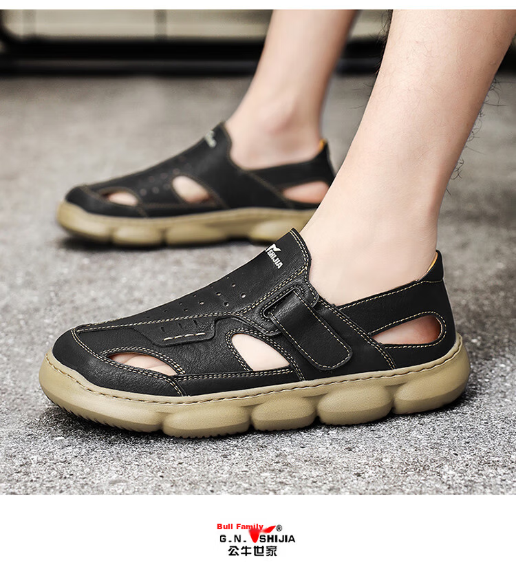 Bull Family Men's Sandals 2026 New Summer Breathable Hollow Out Beach Shoes Soft Leather Soft Sole Slippers for Men 11