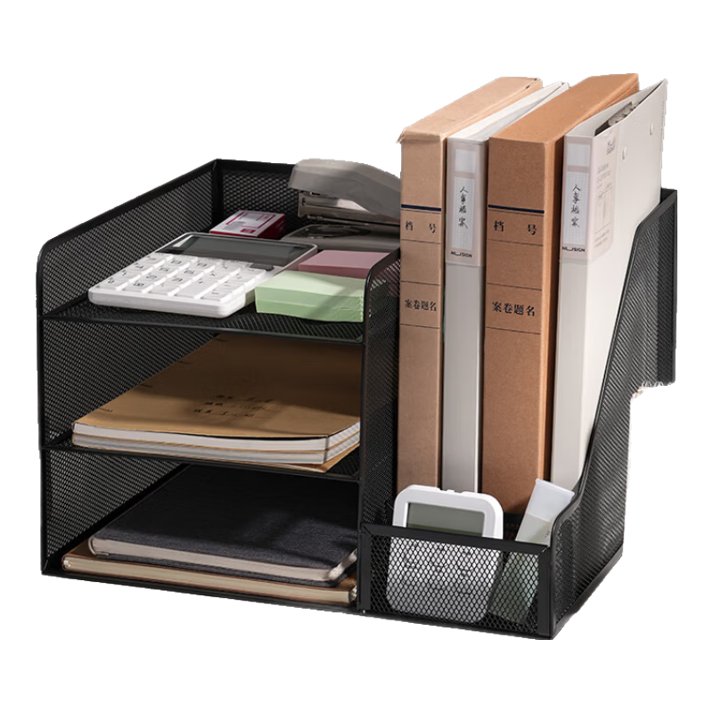 Deli Multifunctional Metal Mesh Modular File Frame/Tray/Divider Bookend Office Desktop Document Storage Box Multi-layer Data Rack Organizer with Pen Holder Black PB103