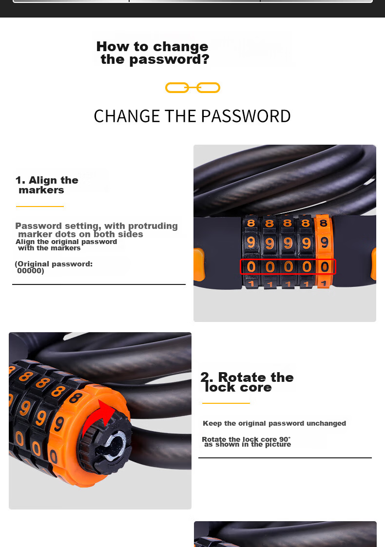 Forever Bicycle Lock Anti-theft 5-Digit Combination Lock Mountain Bike Motorcycle Electric Bike Black Orange 1.2m 9