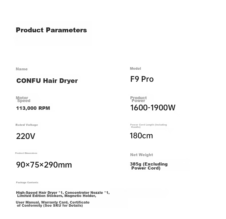CONFU High-Speed Hair Dryer 5 Billion Plasma Home Use High Power Strong Wind Fast Drying Damage-Free Negative Ion Birthday Gift for Girlfriend F9Pro White 22
