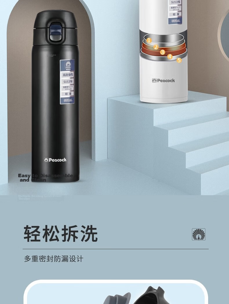 Peacock 316 Stainless Steel Insulated Large Capacity One-Button Flip Lid Tumbler DWY-40(B) Black 400ml 5