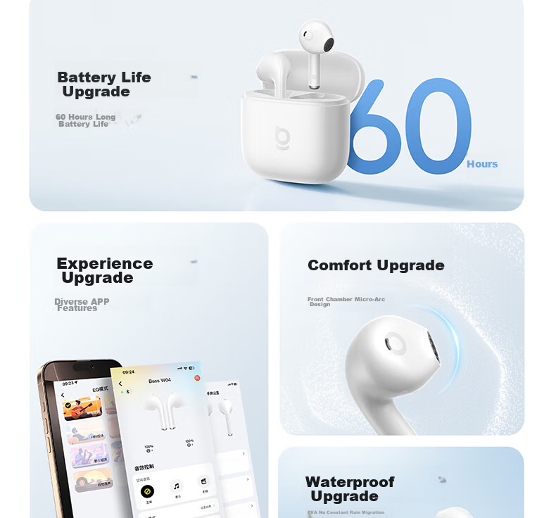 BASEUS W04 Semi-In-Ear True Wireless Bluetooth Earphones New Upgrade Premium Sound Quality 60H Long Battery Life Compatible with Apple Huawei Vivo Honor Oppo Phones Gift 4