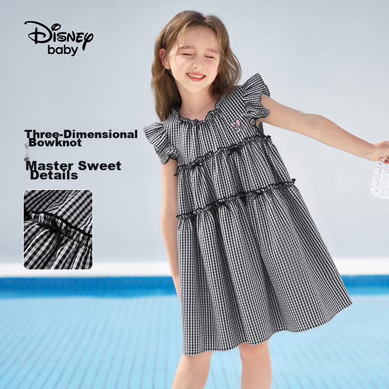 Disney Girls' Striped Summer Dress with Cap Sleeves, Black and White Check, Size 110