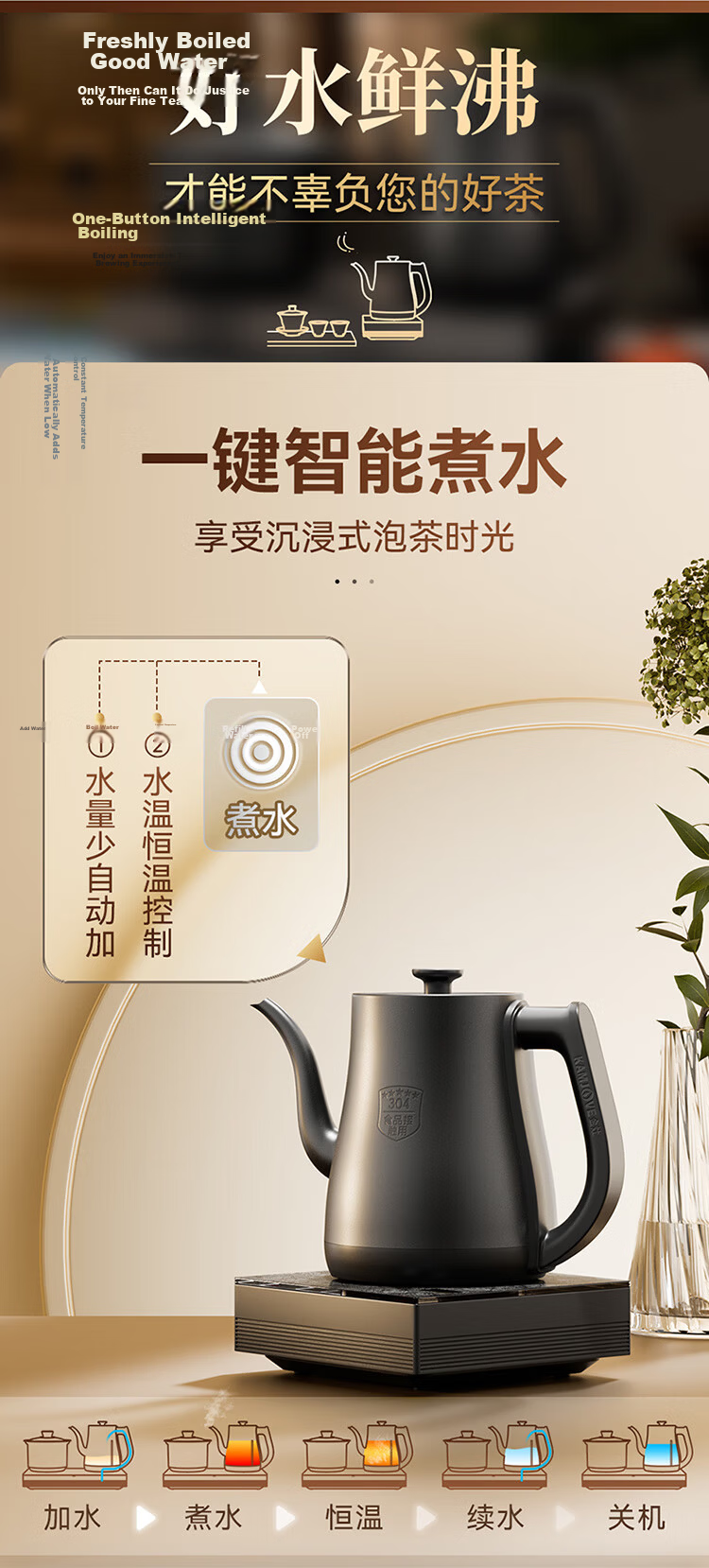 KAMJOVE Automatic Water Filling Electric Kettle 1.2L Electric Tea Stove 304 Stainless Steel R7 Temperature Control 3