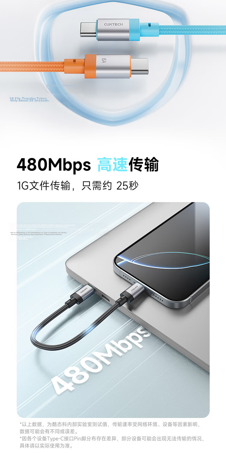 CUKTECH CoolTech CP Braided 6A Charging Cable 15CM Short 240W High-Power Fast Charge for Apple 16/Xiaomi/Huawei Tablet Laptop Blue 13