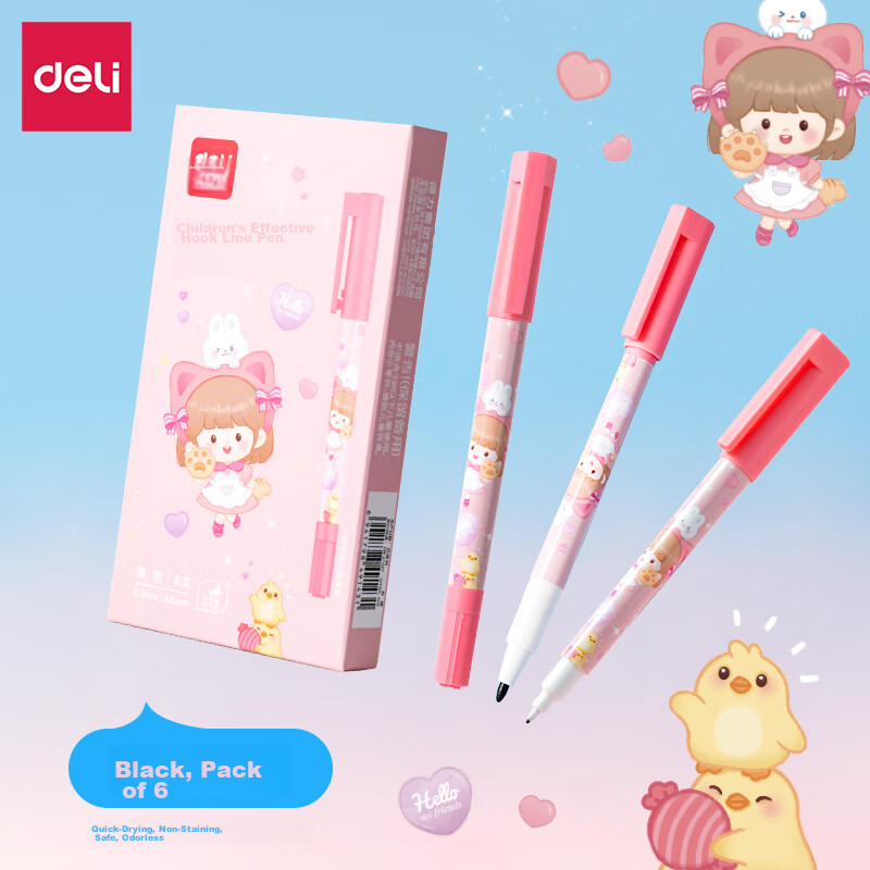 Deli Student Children's Stationery Art Double-Ended Outline Marker Pen Sweetheart Girl Outline Signing Marker 6 Black Pens S562-G Back-to-School Signature