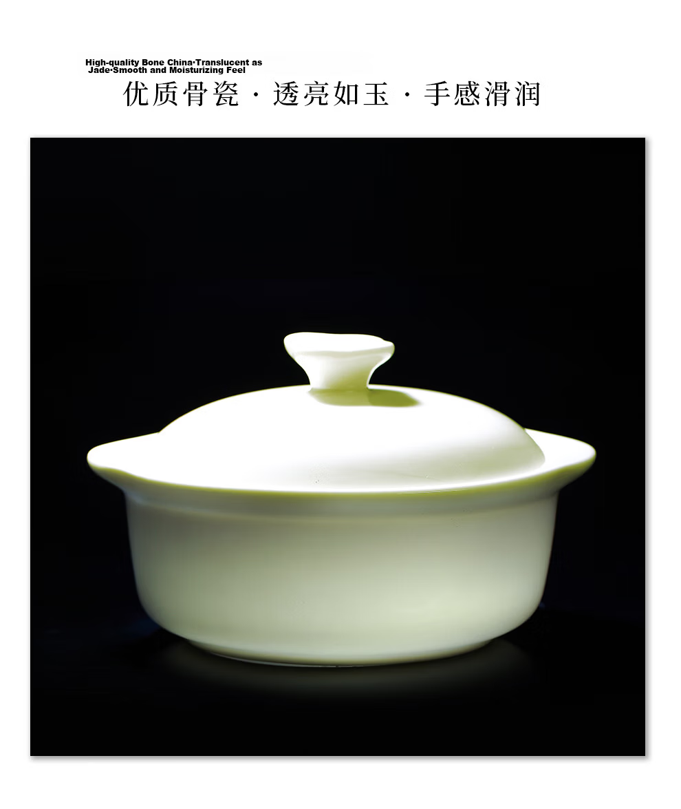 Sky Top Ceramic Double-Handled Covered Bowl Bone China Double Boiler Soup Bowl Steamed Egg Custard Bird's Nest Bowl Single Serving Pure White 5 Inch 8