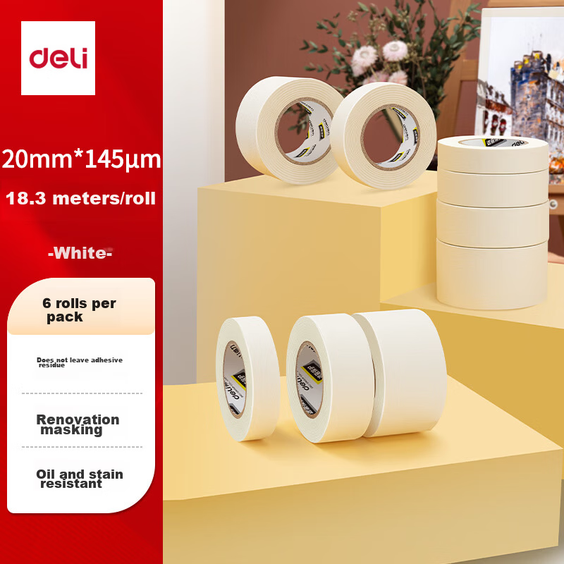 Deli Masking Tape 20mm x 20y x 145μm Art Craft Color Separation Renovation Protective Film Paint Brush Protection Non-marking Study Supplies 6 Rolls 30667