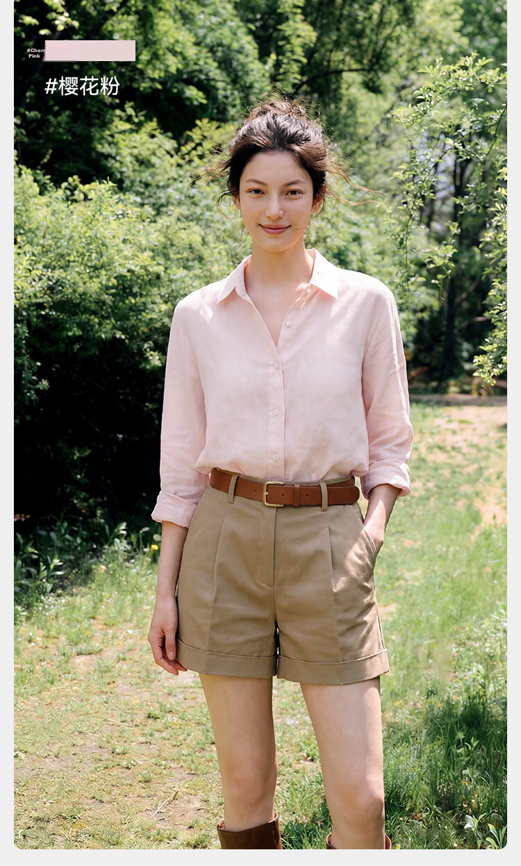 JD Jingzao Linen Shirt Luxury Vintage Style Women's Shirt 2026 New Spring Autumn High-End Long Sleeve Pink XS 25