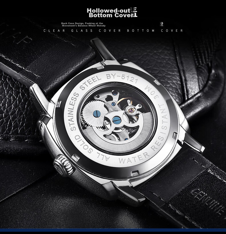 TSAR BOMBA Benyar Youth Trendy Skeleton Mechanical Watch, Student Watch for Men, Casual Sports Leather Strap, Gift for Boyfriend 7