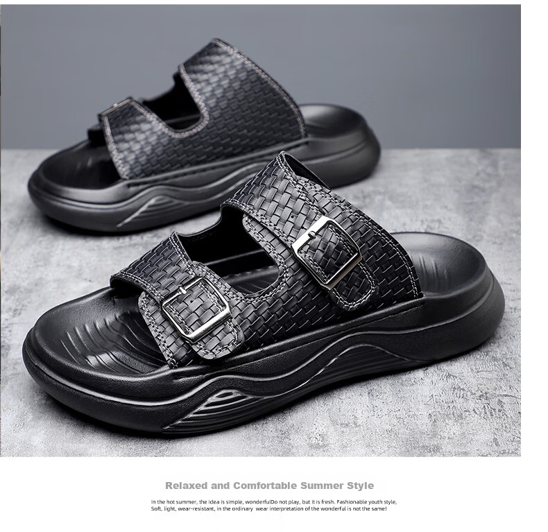MEXICAN Spring Summer New Men's Leather Sandals Breathable Thick Soft Sole Slide Beach Shoes Black Size 44 9