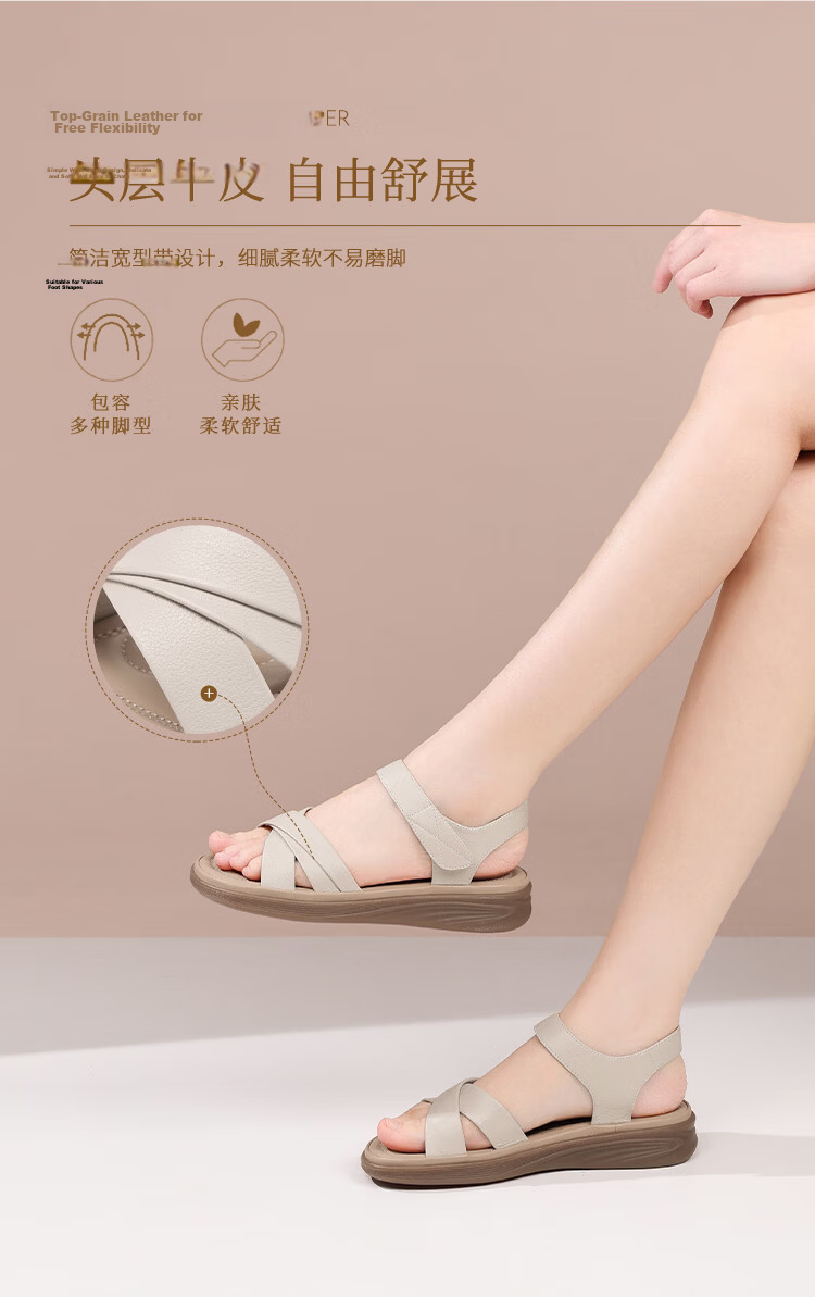 Red Dragonfly Women's Mom Sandals Magic Tape Cowhide Flat Soft Sole Beach Shoes WTK265722 Off-White Size 35 4