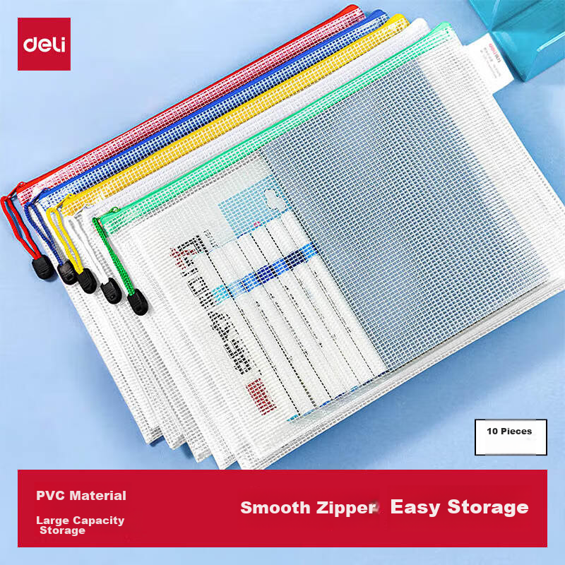 Deli 10-Pack A4 Transparent Mesh Zipper Bags Document Organizer Student Subject Classification File Bags Receipt Exam Paper Storage Document Protection Random Color 63479