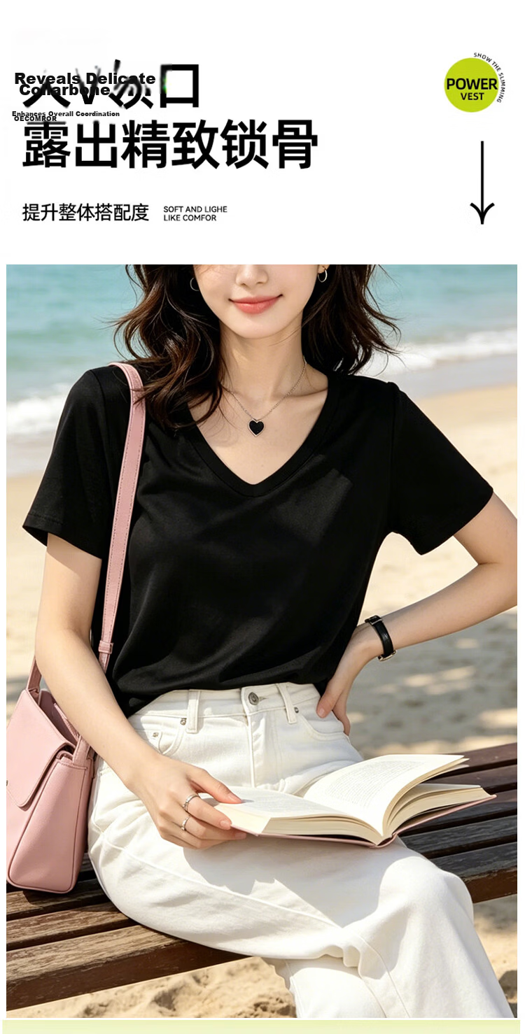 Miiow Women's Short Sleeve T-Shirt New Summer American Style Casual Loose Slim Tencel Lyocell V-Neck Top 6