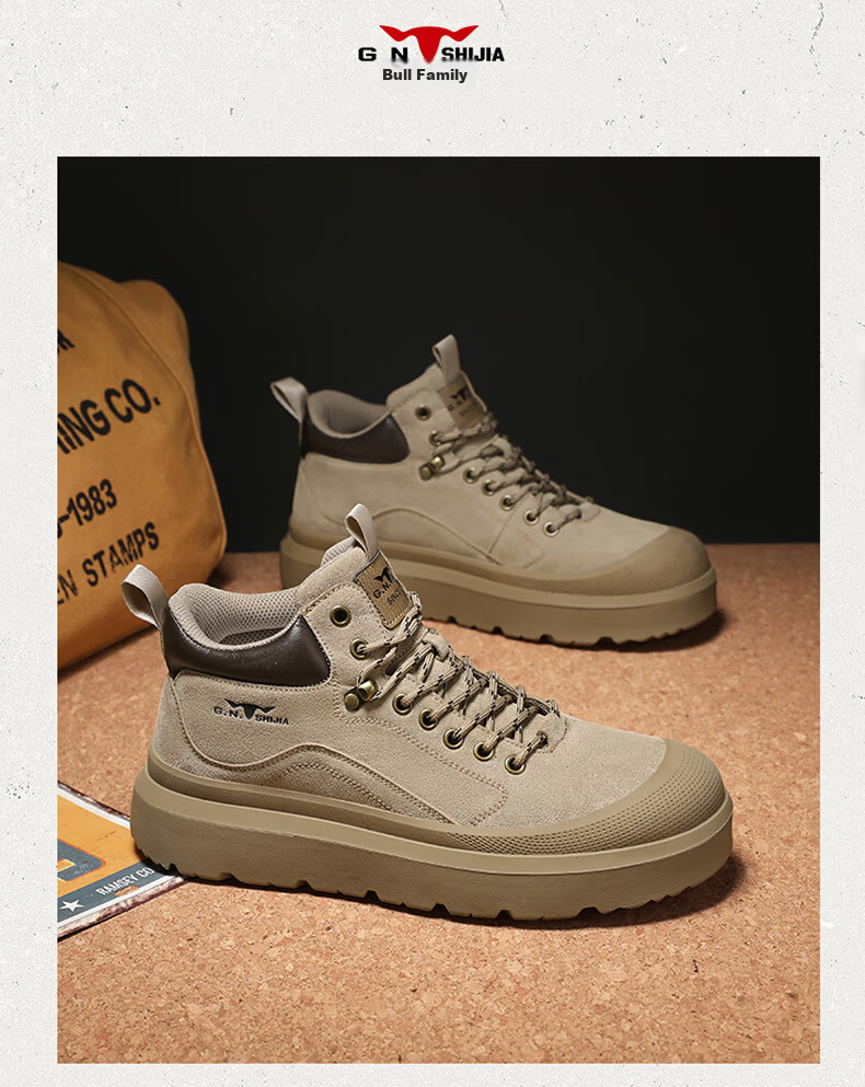 Bull Family Martin Boots Men Autumn Winter New Retro Fashion Round Toe Work Boots Outdoor Thick Sole High Top Shoes 19