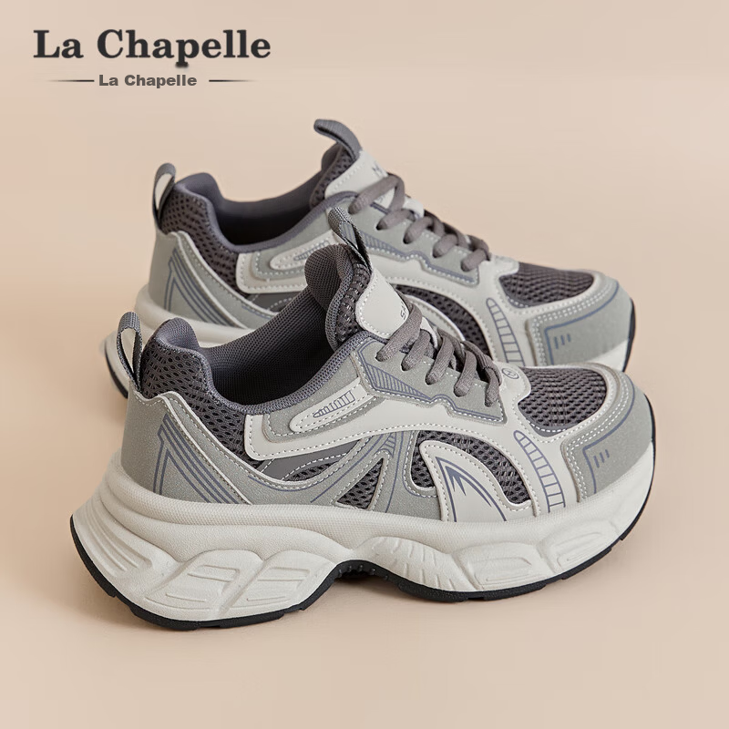 La Chapelle Women's Sports Shoes Summer Mesh Breathable Casual Low-top Comfortable Dad Sneakers Gray Size 35