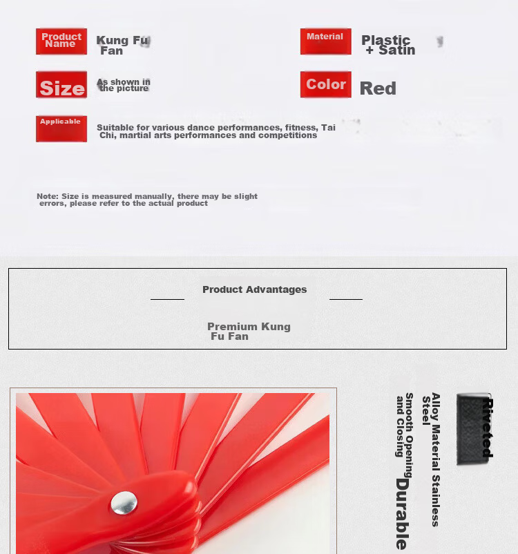 Youjia Liangpin One-Foot Double-Sided Kung Fu Fan Tai Chi Martial Arts Folding Dance Exercise Clapper Fan Chinese Style Red Fan 3