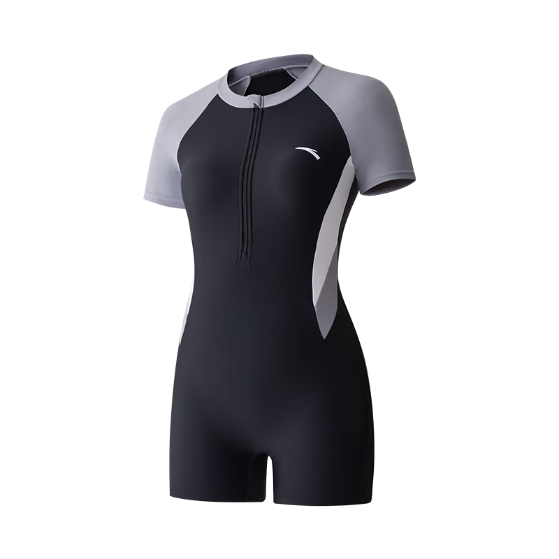 ANTA Women's One-Piece Square-Leg Chlorine-Resistant Sun-Protective Conservative Sports Swimsuit Black Gray L