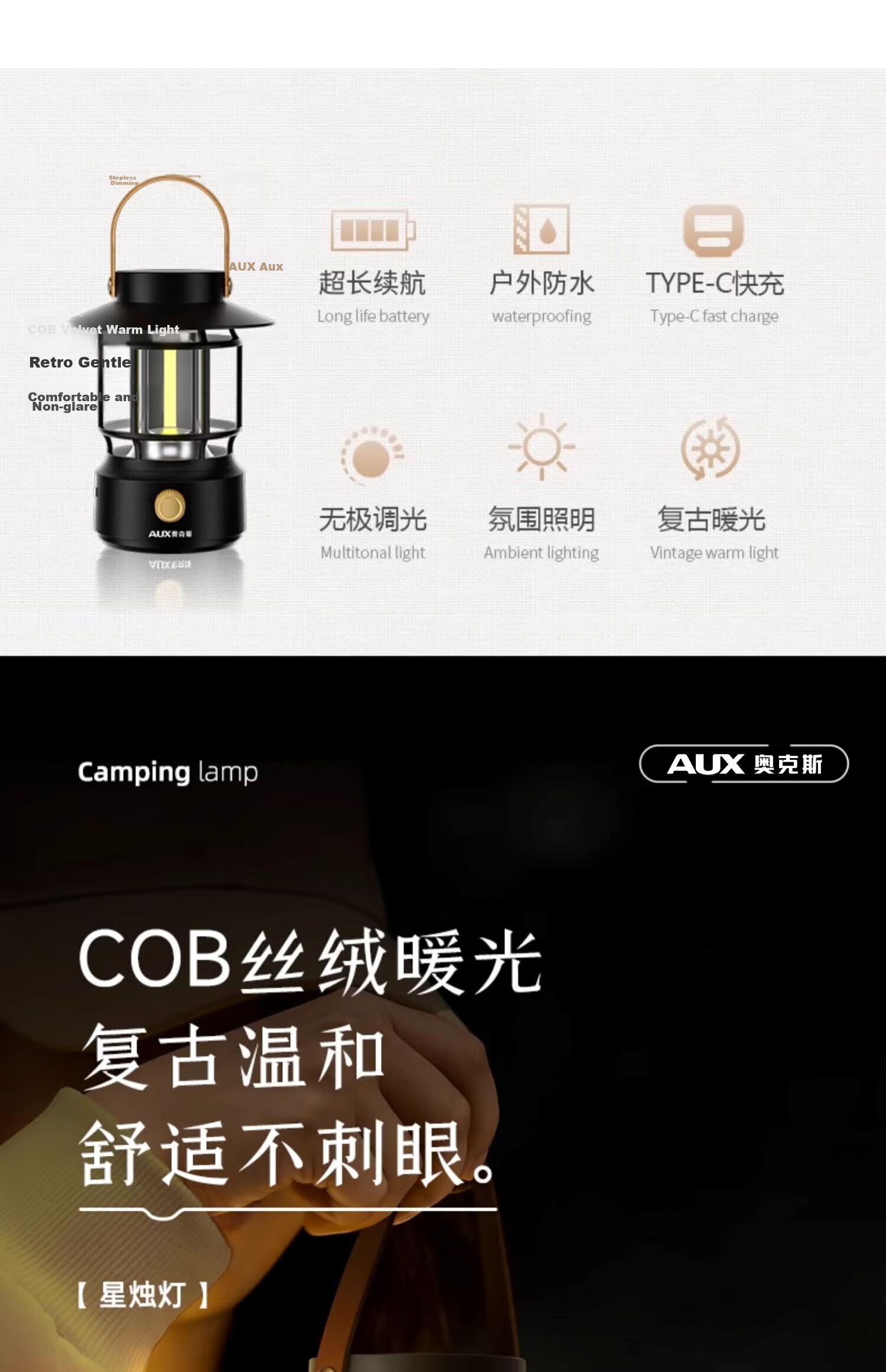 AUX Camping Lantern Outdoor Lighting Long-lasting Atmosphere Retro Camping Lamp Solar Yard Light Rechargeable Tent Lamp 5