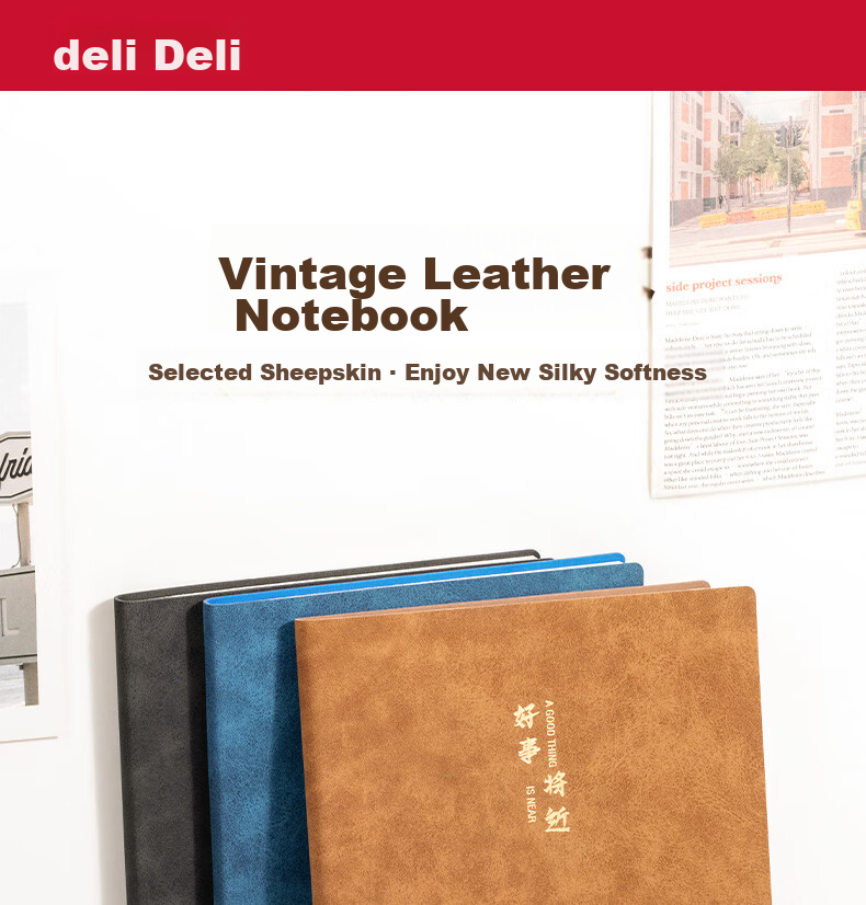 Deli Customizable Fashion Leather Notebook, Business Notepad, Sheepskin Journal, Meeting Record Book, A5 Size, 120 Sheets, Gray, Single Book Pack, 3340 1