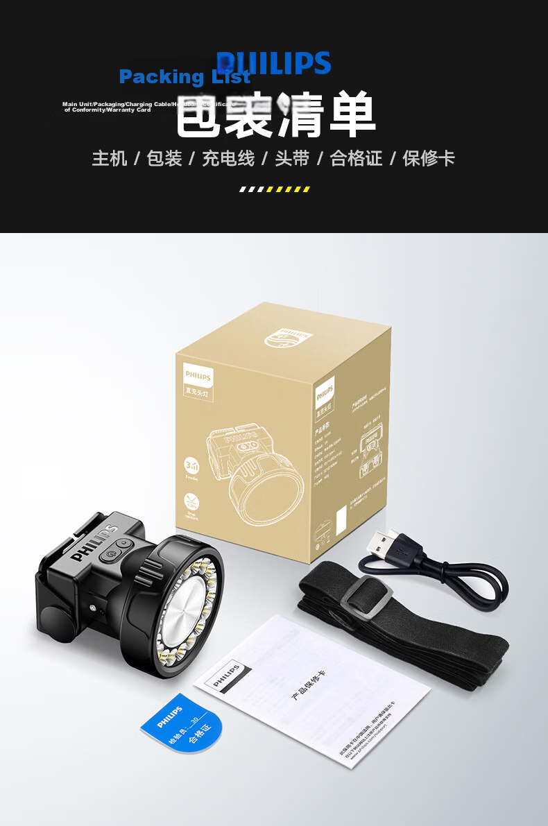 PHILIPS Headlamp High Brightness Long Battery Life Fishing Mountaineering Sea Hunting Mining Outdoor Head-Worn Light 22