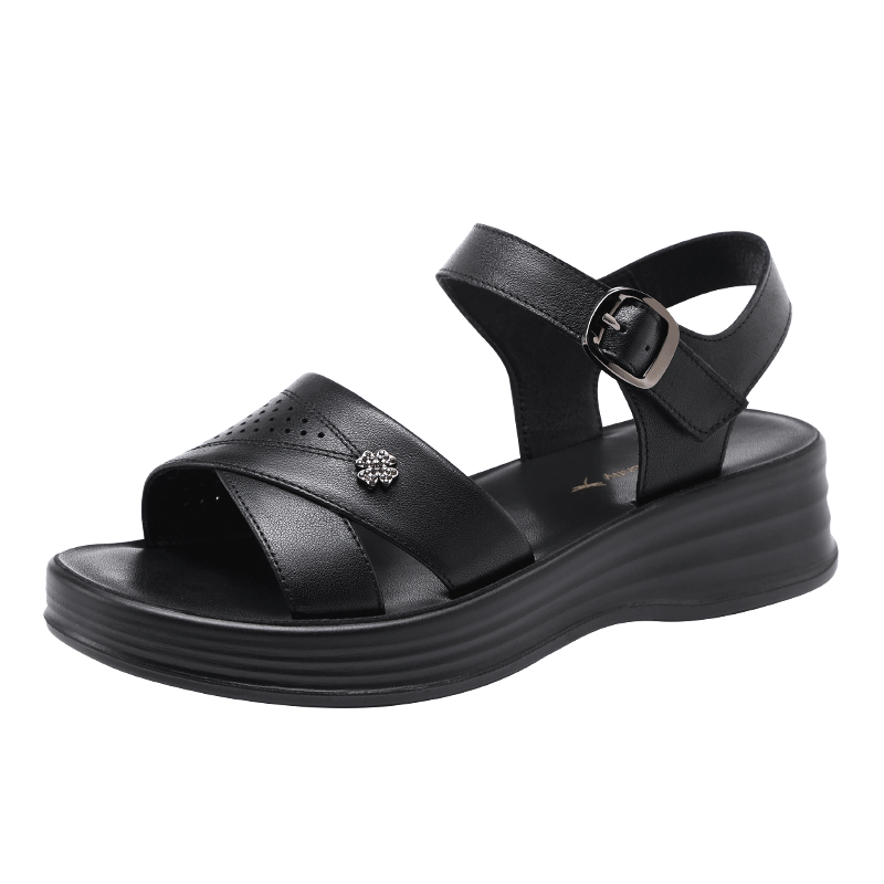 Red Dragonfly Women's Summer Sandals Soft Leather Sole Thick Non-Slip Beach Shoes for Middle-aged and Elderly WTK265061 Black Size 35