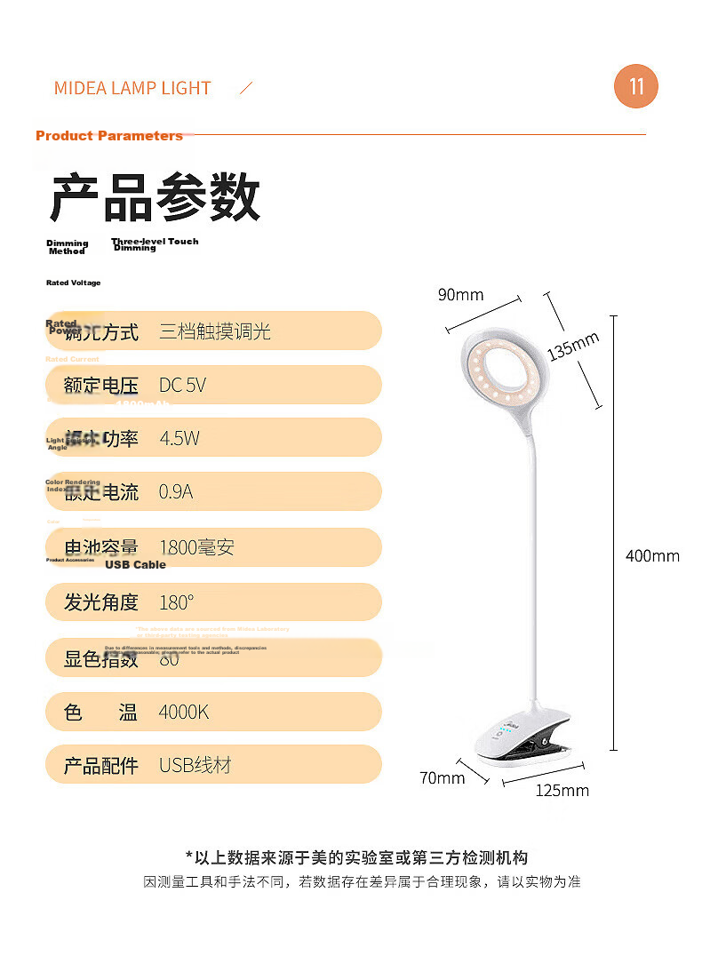 Midea Rectangular Clip-On Lamp for Students, Home Use, Dormitory Eye Protection Reading Light, Bedroom Bedside Lamp, LED Rechargeable Small Desk Lamp 8