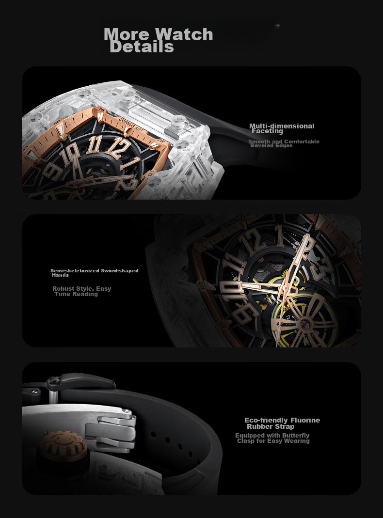 CRONUSART Kluos Crystal Mechanical Men's Watch Skeleton Automatic Luminous Wristwatch Gift 12
