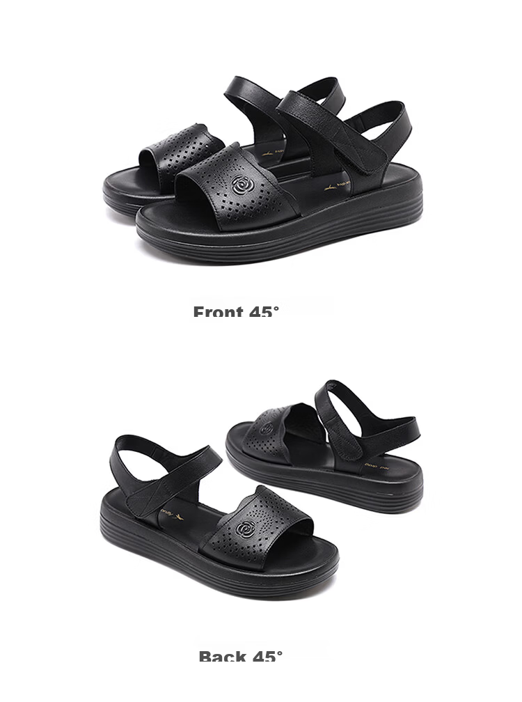 Red Dragonfly Women's Leather Sandals with Velcro, Middle-aged and Elderly Commuter Soft Sole Mom Slippers WTK264971 Black Size 38 12