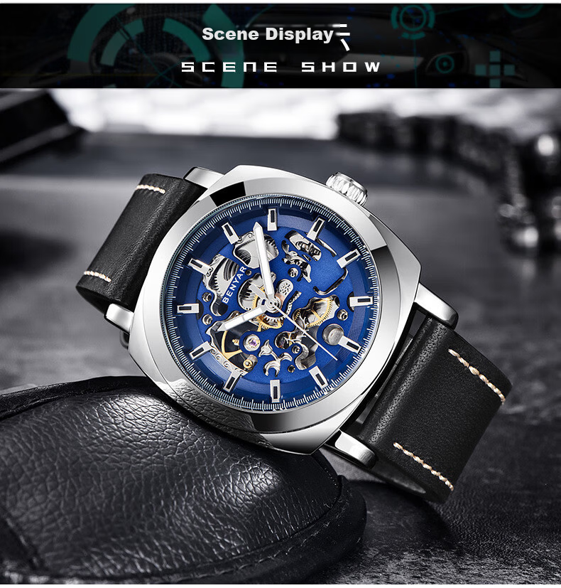 TSAR BOMBA Benyar Youth Trendy Skeleton Mechanical Watch, Student Watch for Men, Casual Sports Leather Strap, Gift for Boyfriend 18