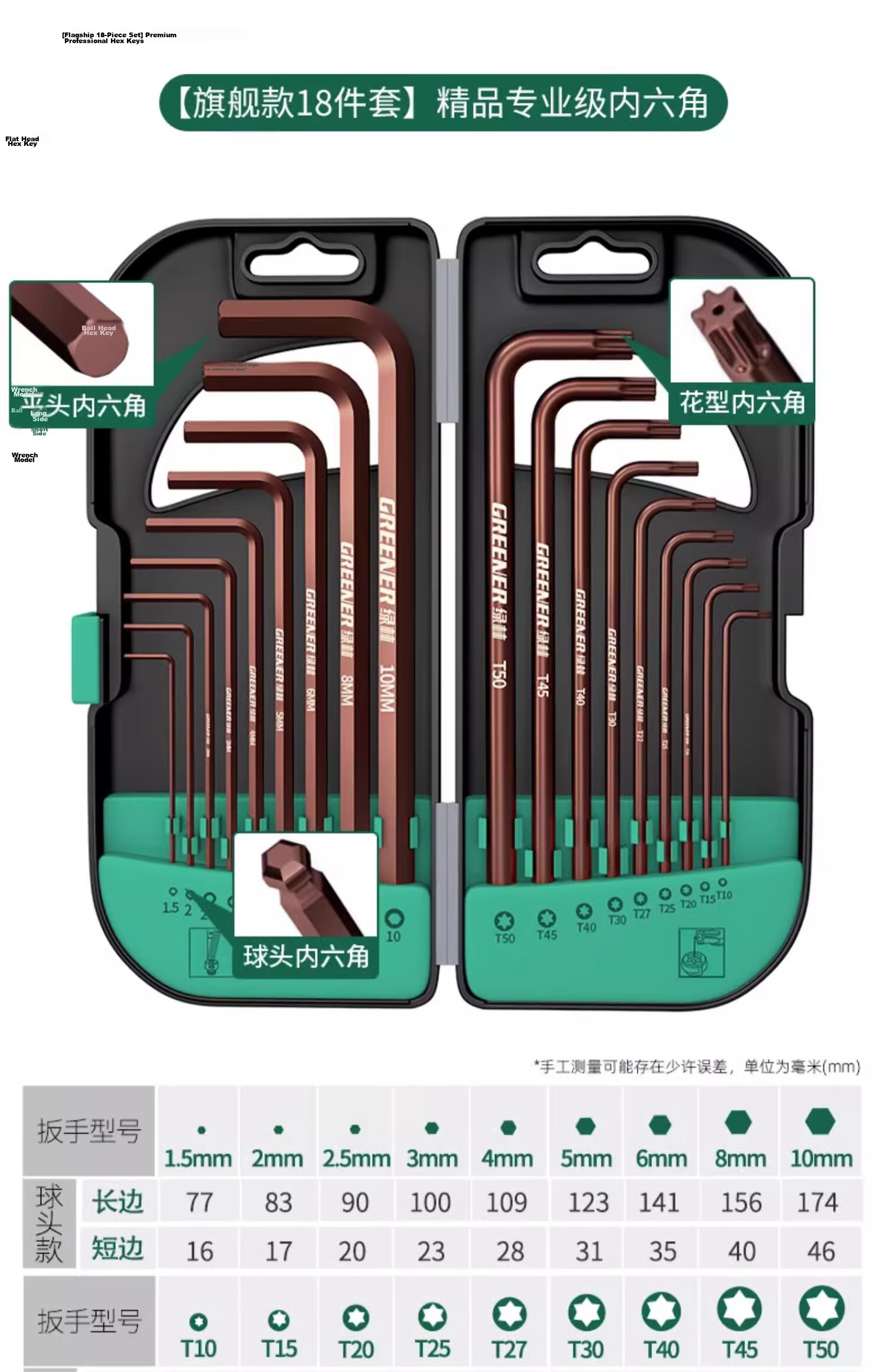GREENER Hex Key Wrench Set T-Handle Hexagon Screwdriver Extended Home Use 15