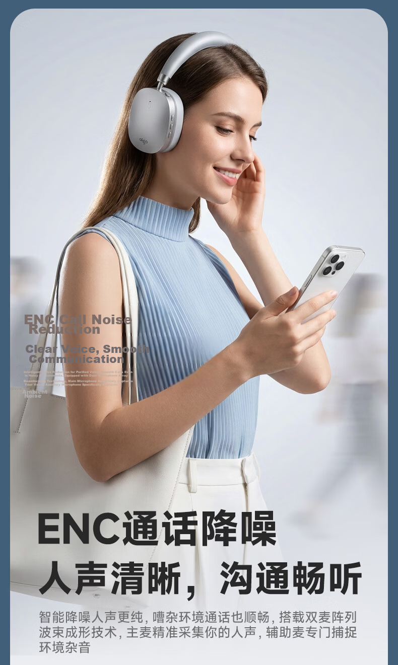 Aigo Bluetooth Headphones Over-Ear Active Noise Cancelling Comfortable Music Gaming Sports for Apple Xiaomi Phones Computers WH600 Silver 5