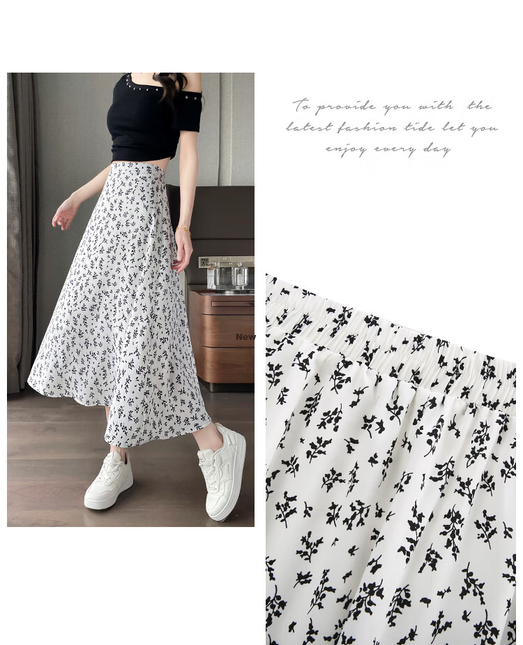 Awakening Paradise 2026 Summer New Slimming A-Line Mid-Length Skirt White Base Black Floral One Size 29