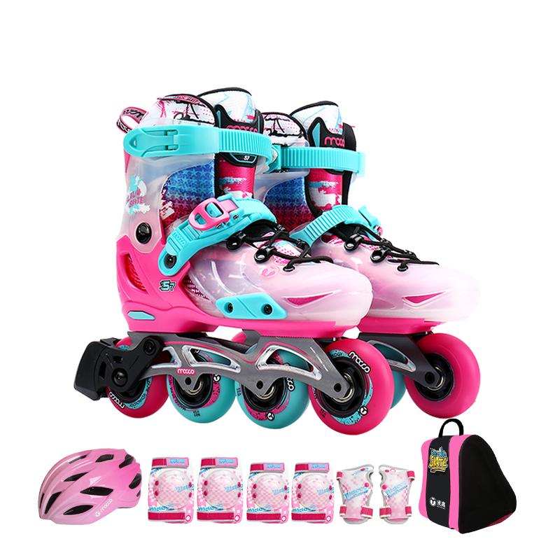 Migao Roller Skates for Children, Inline Skates for Boys And Girls, Flat Skate Shoes, Complete Set with Adjustable Straight Wheels, S7 Pink Set, Size L