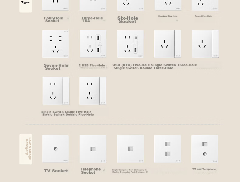 CHNT Switch Socket No-Paint Cream Style Large Panel Socket Faceplate Concealed X1M One-Gang Single-Control Five-Hole 45