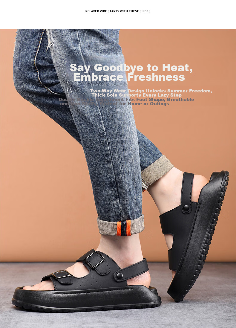 MEXICAN Spring Summer New Men's Leather Sandals Beach Shoes Dual-Wear Slippers Breathable Black Size 39 17