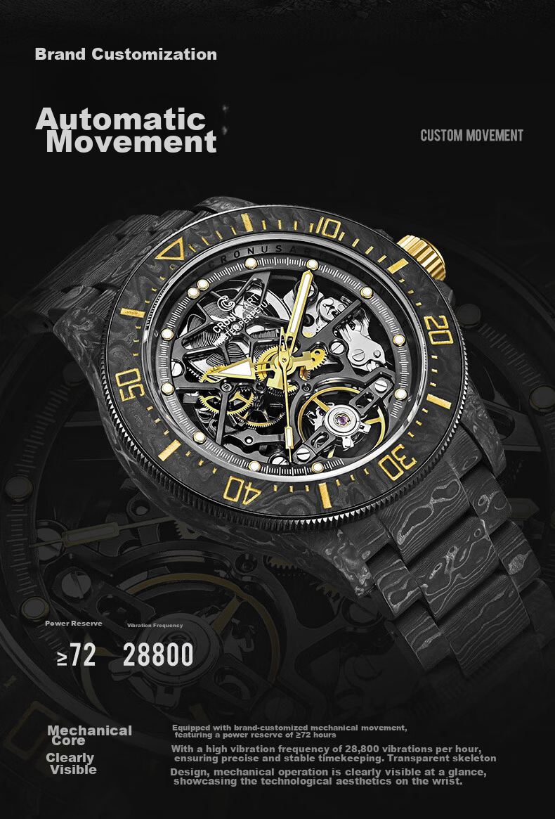 CRONUSART Kluos Full Carbon Fiber Men's Automatic Mechanical Watch Business Hollow Luminous Wristwatch 8