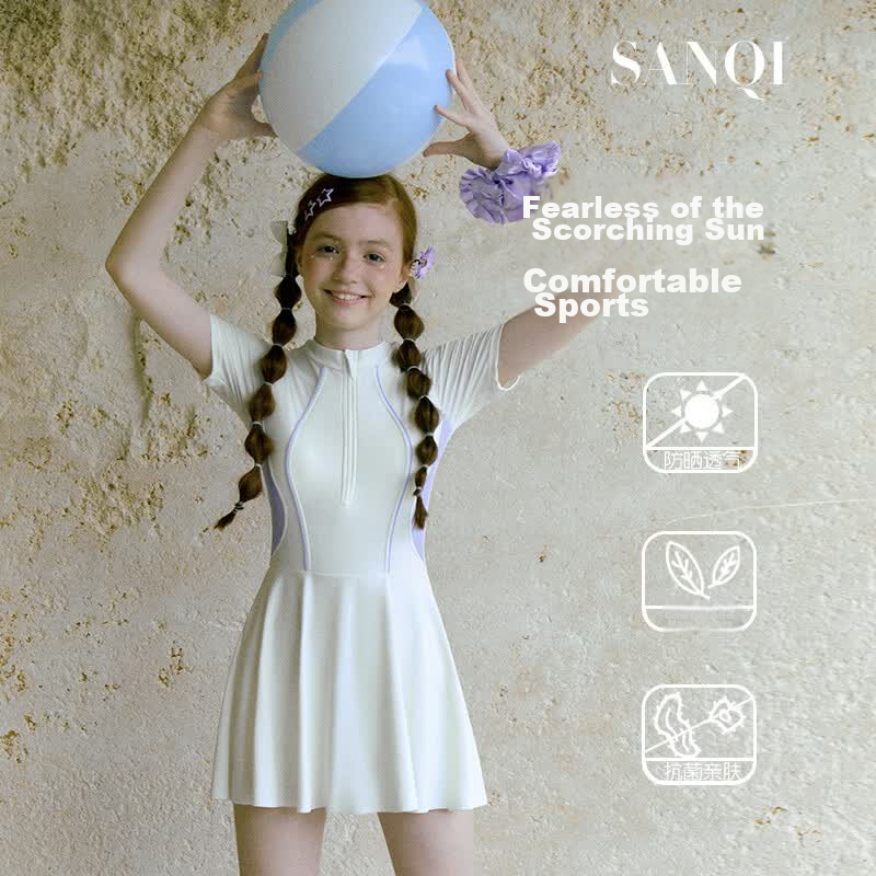 Sanqi Girls' Middle School Conservative Skirted One-Piece Swimsuit with Chest Pad for Teenagers