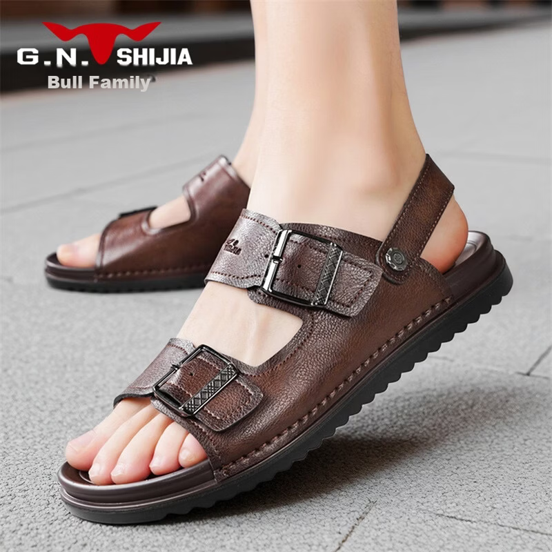 Bull Family Men's Leather Sandals Summer New Casual Outdoor Breathable Beach Shoes Men's Sports Driving Dual-Purpose Slippers