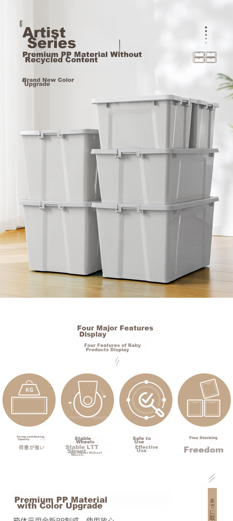 Kiyono Wood Extra Large Clothes Storage Box 56L White Plastic Organizer with Wheels 1 Piece 1
