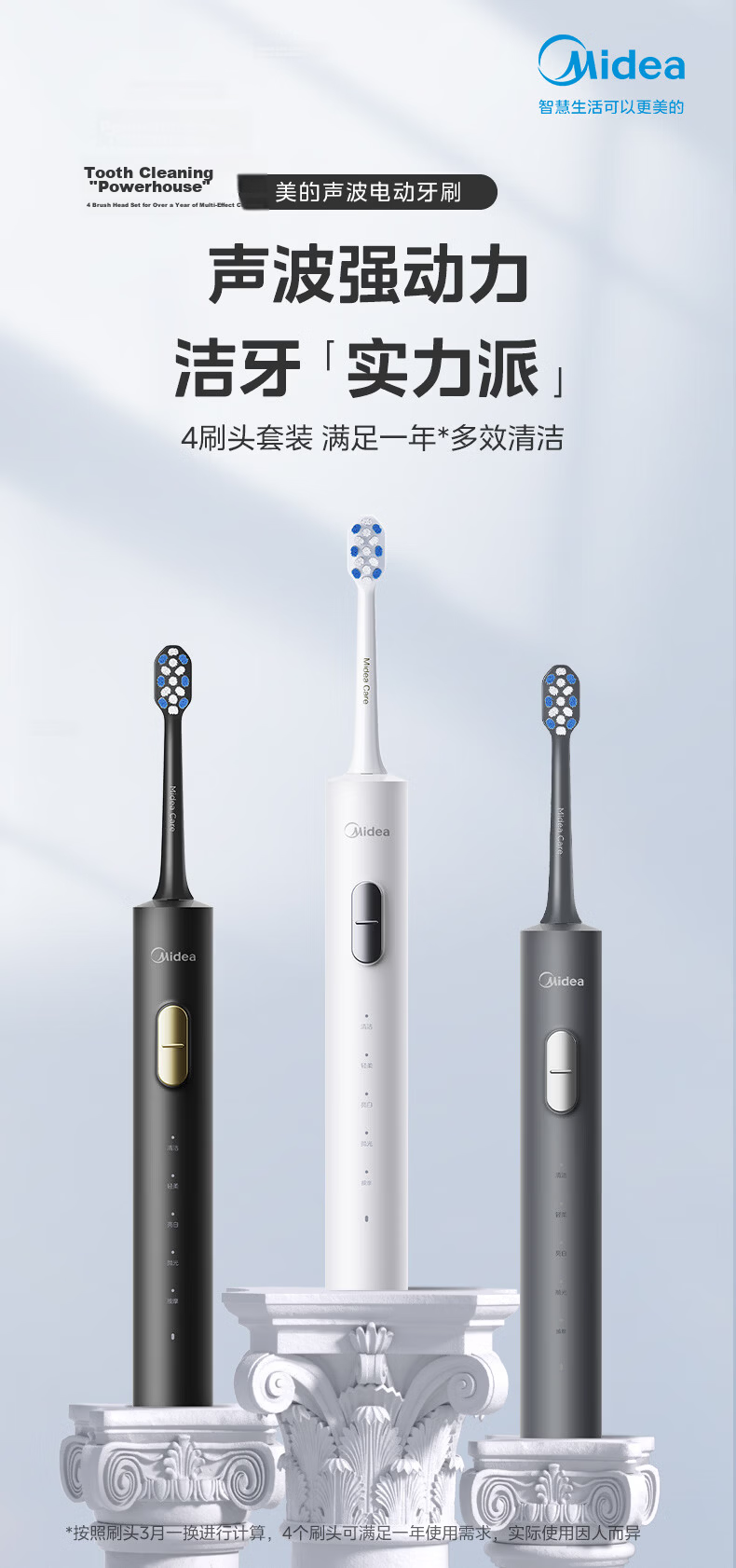Midea Electric Toothbrush Couple Set Dual Pack Adult 180-Day Long Battery Life 5 Modes 8 Brush Heads Teeth Cleaning S1PX White+Gray Couple Birthday Holiday Gift 3